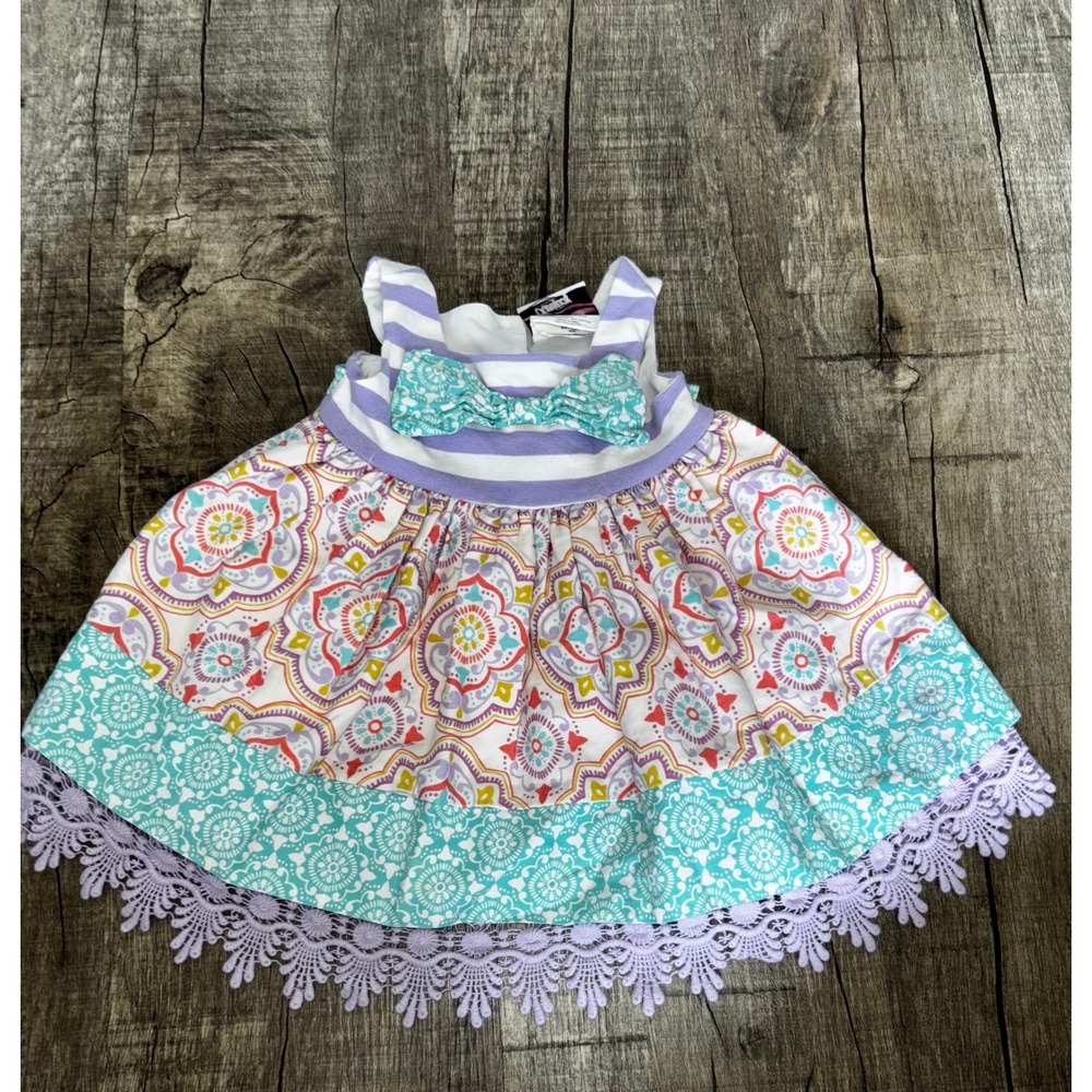 Counting Daisies Baby Girl Medallion Stripe Lace Trim Dress Purple Teal 6M